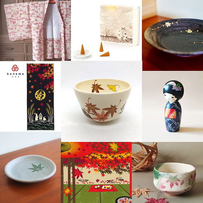 Momiji Haori, Furoshiki, Kokeshi doll, Table ware with Momiji design