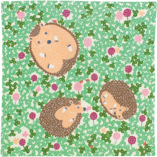 Green organic cotton Furoshiki featuring a hedgehog family relaxing in a clover field, designed by Kata Kata, made in Japan.. Available at j-okini.com in Malta