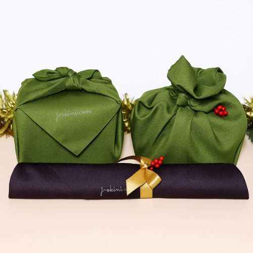 j-okini glossy Furoshiki wrapping cloth in green and purple, 45cm, with subtle logo in the corner
