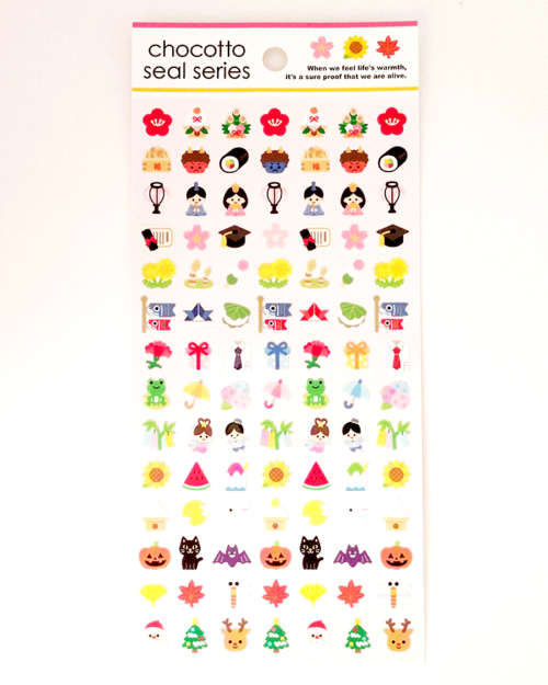 Japanese mini sticker sheet featuring seasonal motifs for spring, summer, autumn, and winter, made in Japan.
