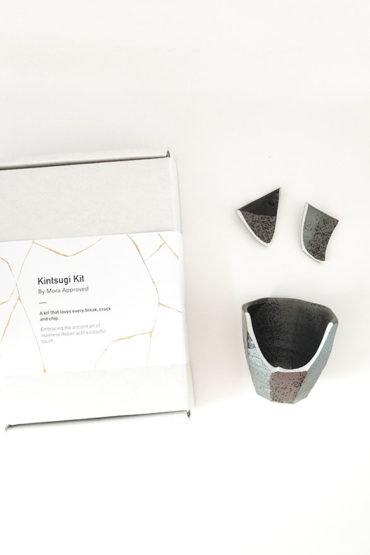 Kintsugi repair kit with a broken Silverish grey sake cup made in Japan, epoxy glue, gold powder, and tools – beginner ceramic repair set