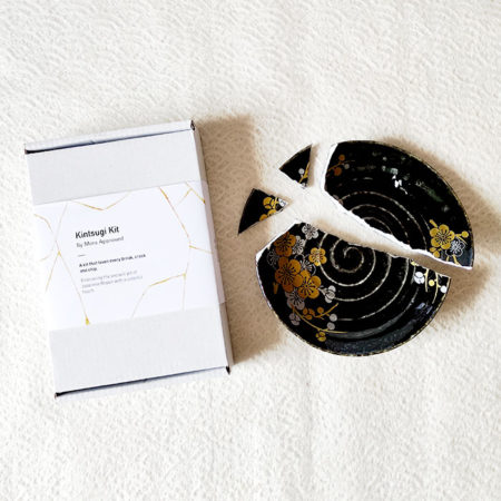 Mini Kintsugi kit with broken gold and silver Mino-yaki porcelain plate from Japan. Gift idea from j-okini.com in Malta