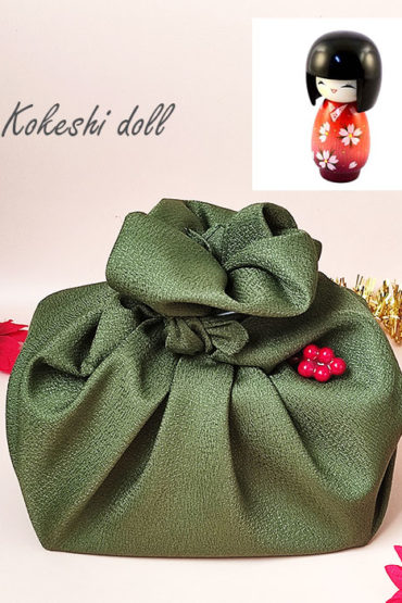 Kokeshi doll wrapped in j-okini furoshiki wrapping cloth,. Gifts idea from Japan. Available at j-okini.com in Malta
