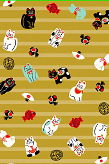 Maneki-Neko Furoshiki Wrapping Cloth | 48cm in mustard color with different smiley maneki-neko. Made in Japan. Available at j-okini.com in Malta