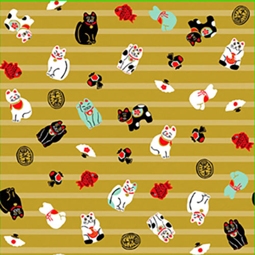 Maneki-Neko Furoshiki Wrapping Cloth | 48cm in mustard color with different smiley maneki-neko. Made in Japan. Available at j-okini.com in Malta