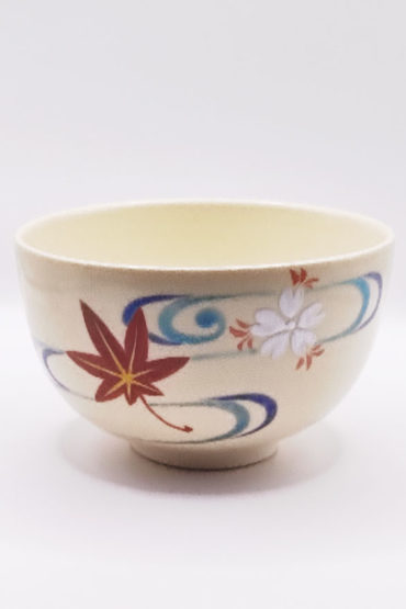 Vintage Handmade Matcha Bowl – Kyo-yaki Maple and Sakura Motif