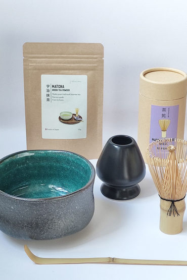 Japanese Matcha tea set with Mino ware matcha bowl, bamboo whisk, scoop, whisk stand, and premium Uji matcha. Sold at j-okini.com in Malta