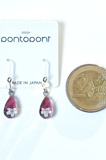 Kyoto Hanamachi glass earrings with pink base and white flower design, small 1 cm glass beads and transparent allergy-friendly hooks, made in Japan.