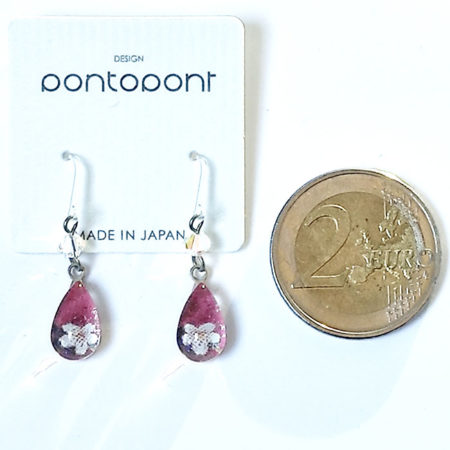 Kyoto Hanamachi glass earrings with pink base and white flower design, small 1 cm glass beads and transparent allergy-friendly hooks, made in Japan.