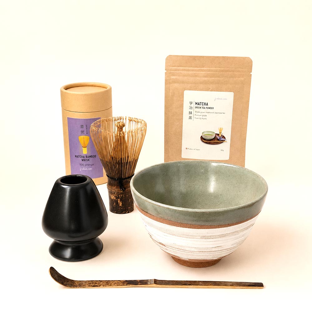 Traditional Matcha preparation set with Uji Matcha from Kyoto. Available at j-okini.com in Malta