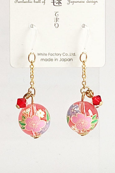 Pink Temari earrings with transparent ball and sakura design, 1.2 cm sphere with red and pink beads and allergy-friendly hooks, made in Japan.