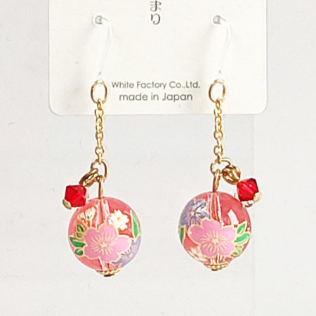 Pink Temari earrings with transparent ball and sakura design, 1.2 cm sphere with red and pink beads and allergy-friendly hooks, made in Japan.