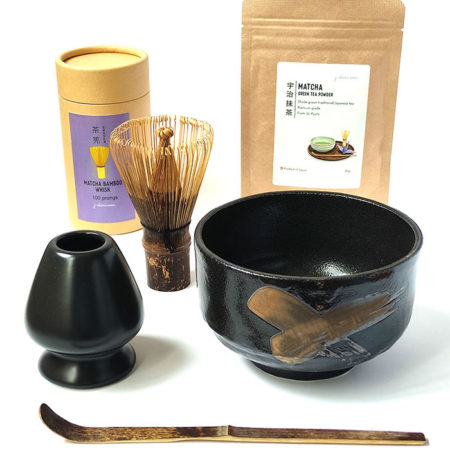 Japanese Matcha Tea Set – Mino Ware Black Bowl with Uji Matcha