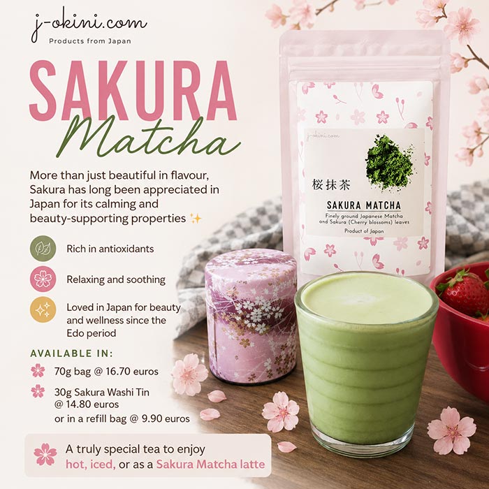 Sakura Matcha in 70g bag or in a washi tin. Available at j-okini.com in Malta