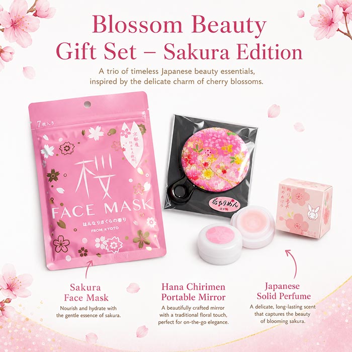 A beautiful Sakura-themed gift set featuring a Kyoto Sakura Face Mask, a Japanese Solid Perfume in Sakura scent, and a floral portable mirror with a chirimen fabric backing. The pattern and color of the mirror’s fabric may vary. A perfect gift for Japan lovers. Available at j-okini.com in Malta