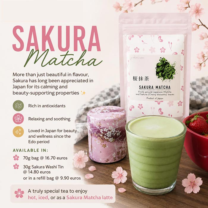 Sakura Matcha in 70g bag or in a washi tin. Available at j-okini.com in Malta