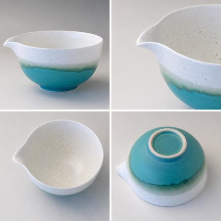 Japanese Turquoise Blue Katakuchi matcha bowl with pouring spout, Mino ware porcelain chawan made in Japan. Available at j-okini.com in Malta