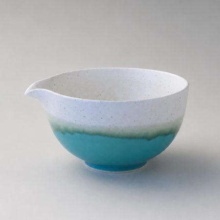 Japanese Turquoise Blue Katakuchi matcha bowl with pouring spout, Mino ware porcelain chawan made in Japan Japanese Turquoise Blue Katakuchi matcha bowl with pouring spout, Mino ware porcelain chawan made in Japan