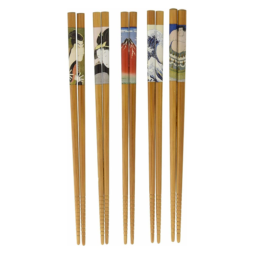 Five pairs of Japanese bamboo chopsticks featuring ukiyo-e designs of kabuki actors, Red Fuji, the Great Wave and a sumo wrestler