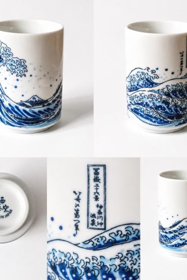 Hokusai Great Wave Japanese teacup, blue and white Mino Ware Yunomi made in Japan