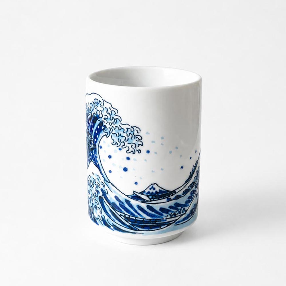 Hokusai Great Wave Japanese teacup, blue and white Mino Ware Yunomi made in Japan