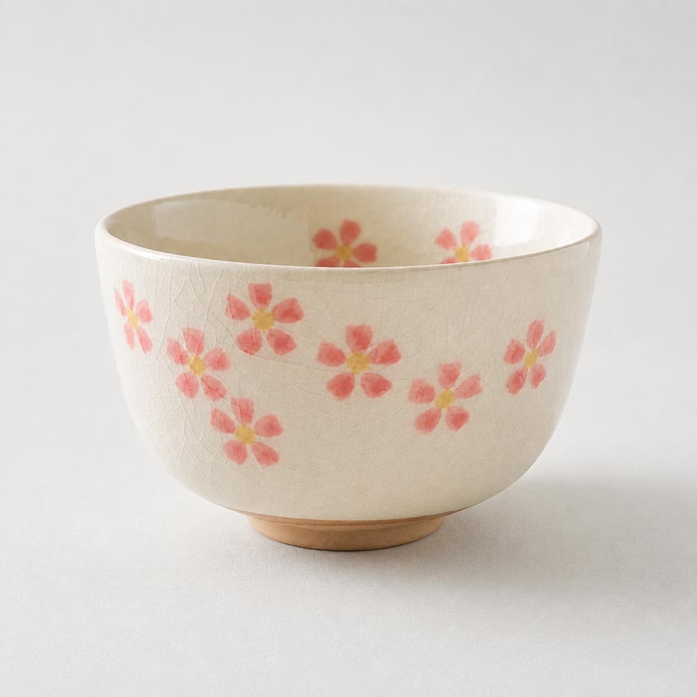 Japanese Hanachirashi white matcha bowl with scattered cherry blossom design, Mino ware chawan made in Japan
