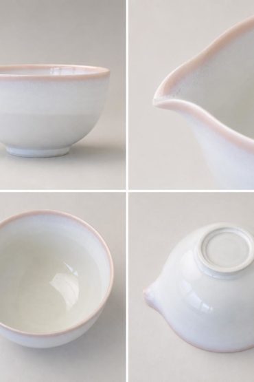 Japanese Harukaze Katakuchi matcha bowl with pouring spout, white Mino ware porcelain chawan with soft pink rim made in Japan. Buy it on j-okini.com in Malta