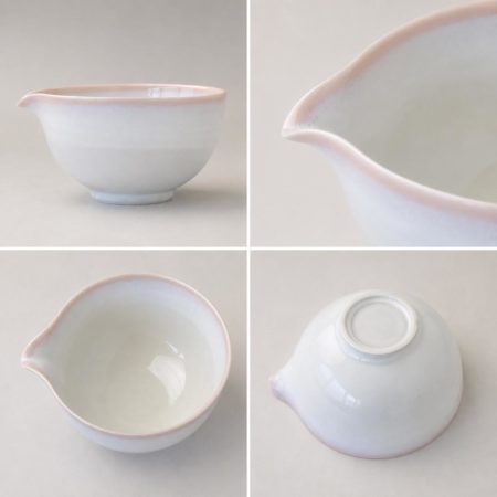 Japanese Harukaze Katakuchi matcha bowl with pouring spout, white Mino ware porcelain chawan with soft pink rim made in Japan. Buy it on j-okini.com in Malta