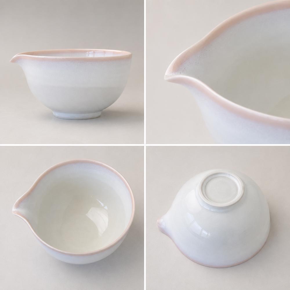 Harukaze Katakuchi Matcha Bowl Japanese Harukaze Katakuchi matcha bowl with pouring spout, white Mino ware porcelain chawan with soft pink rim made in Japan. Buy it on j-okini.com in Malta