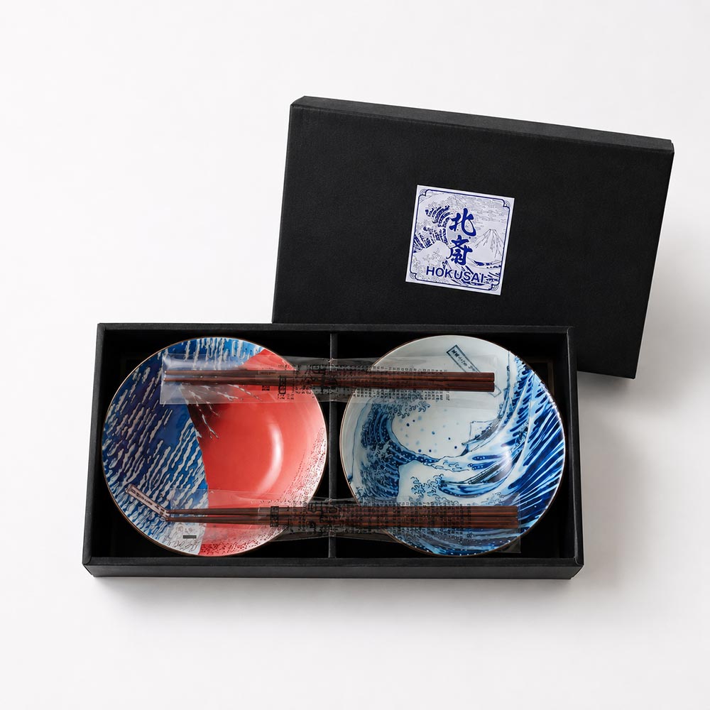 Hokusai Japanese Bowl & Chopstick Gift Set | Great Wave & Red Fuji Hokusai Japanese bowl and chopstick gift set with Great Wave and Red Fuji porcelain bowls | j-okini Malta