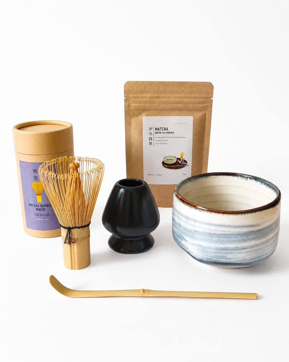 Japanese Matcha kit with choice of Harugasumi or Aokinyou Mino ware Cylindrical bowl, 100-prong bamboo whisk, whisk stand, scoop and Premium grade Uji Matcha | j-okini.com Malta