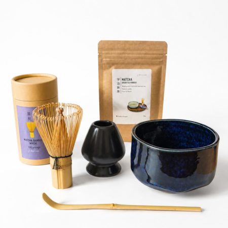 Japanese Matcha kit with choice of Harugasumi or Aokinyou Mino ware Cylindrical bowl, 100-prong bamboo whisk, whisk stand, scoop and Premium grade Uji Matcha | j-okini.com Malta