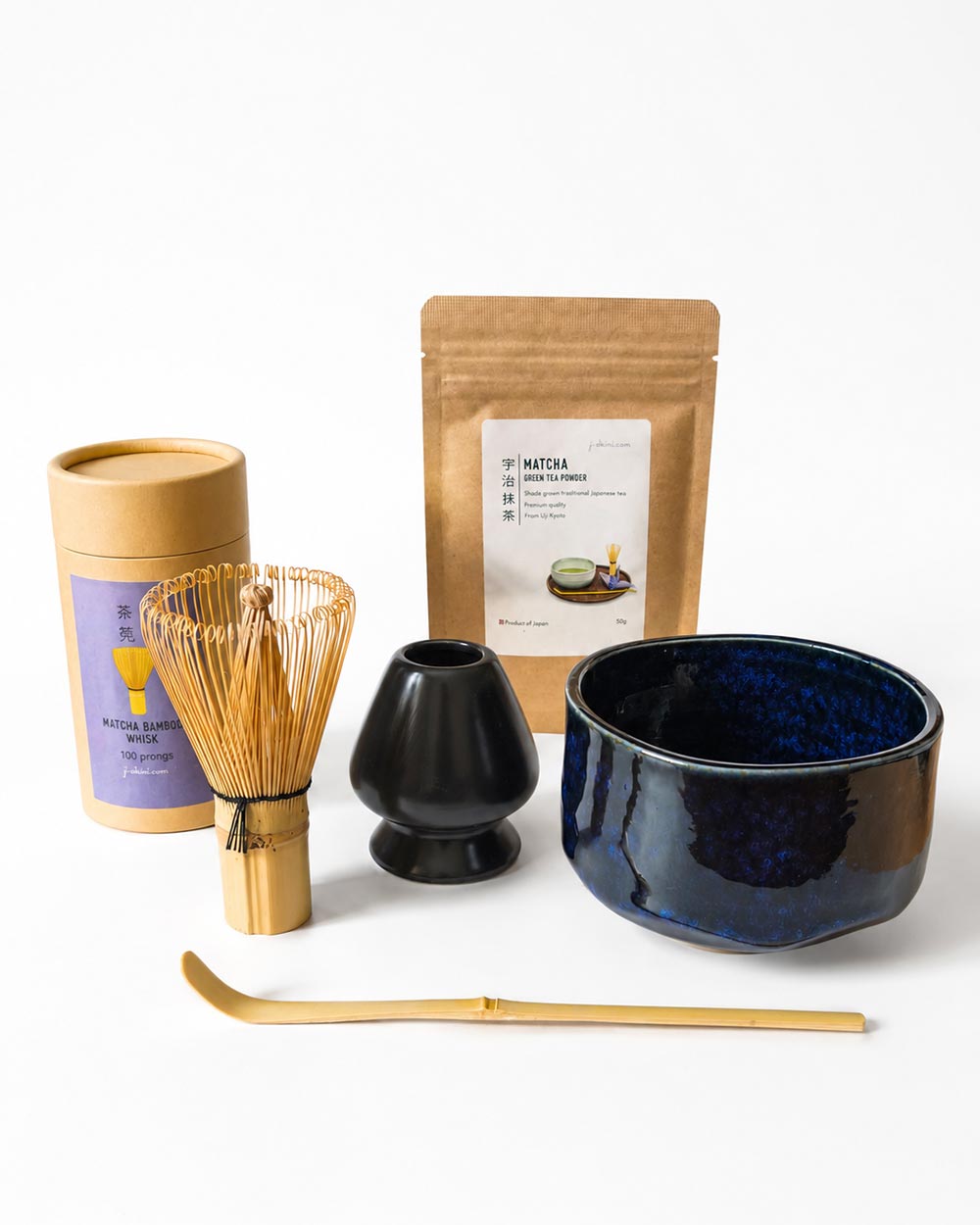 Japanese Matcha Set with Cylindrical Mino Ware Bowl Japanese Matcha kit with choice of Harugasumi or Aokinyou Mino ware Cylindrical bowl, 100-prong bamboo whisk, whisk stand, scoop and Premium grade Uji Matcha | j-okini.com Malta