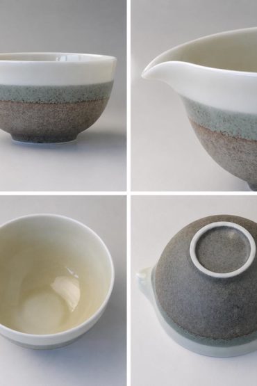 Japanese Moegi Katakuchi matcha bowl with pouring spout, Mino ware porcelain chawan in cream, green and brown glazes made in Japan. Available at j-okini.com in Malta