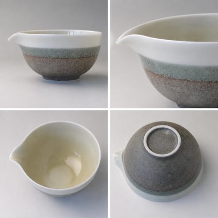 Japanese Moegi Katakuchi matcha bowl with pouring spout, Mino ware porcelain chawan in cream, green and brown glazes made in Japan. Available at j-okini.com in Malta