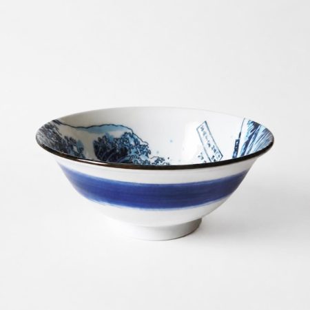 Japanese Hokusai Great Wave ramen bowl in blue and white porcelain, made in Japan