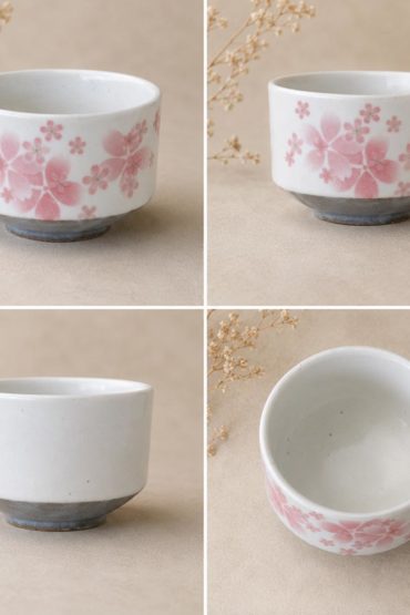 Japanese Sakura layered matcha bowl made in Japan with layered pink cherry blossom design, white Mino ware chawan and grey base