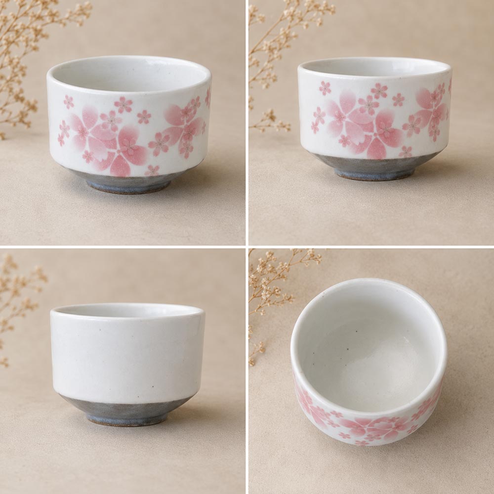 sakura-bowl-2 Japanese Sakura layered matcha bowl made in Japan with layered pink cherry blossom design, white Mino ware chawan and grey base
