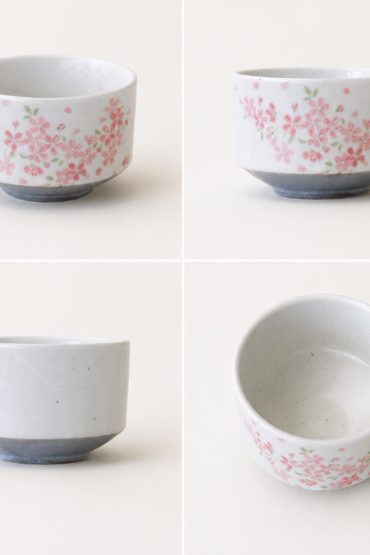 Japanese Sakura Shizuku matcha bowl made in Japan with delicate cherry blossom design, white Mino ware chawan and grey base for preparing matcha tea Available at j-okini.com in Malta
