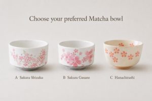 3 standard size matcha bowls made in Japan with Sakura design. Available at j-okini.com in Malta