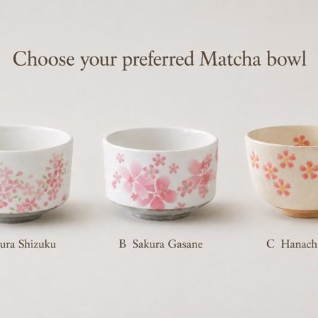 3 standard size matcha bowls made in Japan with Sakura design. Available at j-okini.com in Malta