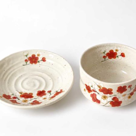 Japanese Mino Ware matcha bowl and plate set with red and white ume plum blossom design, made in Japan, Buy it on j-okini.com in Malta