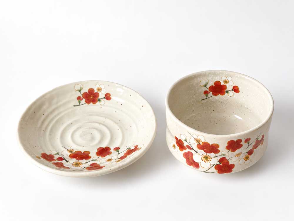 Japanese Mino Ware Matcha Bowl & Plate Set – Kohiki Ume Plum Blossom Japanese Mino Ware matcha bowl and plate set with red and white ume plum blossom design, made in Japan, Buy it on j-okini.com in Malta