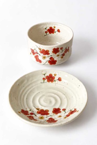 Japanese Mino Ware Matcha Bowl & Plate Set – Kohiki Ume Plum Blossom