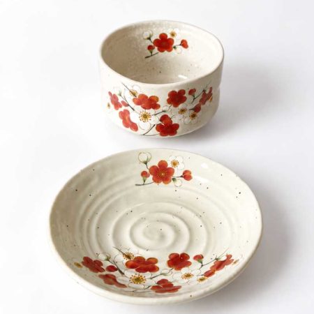 Japanese Mino Ware Matcha Bowl & Plate Set – Kohiki Ume Plum Blossom