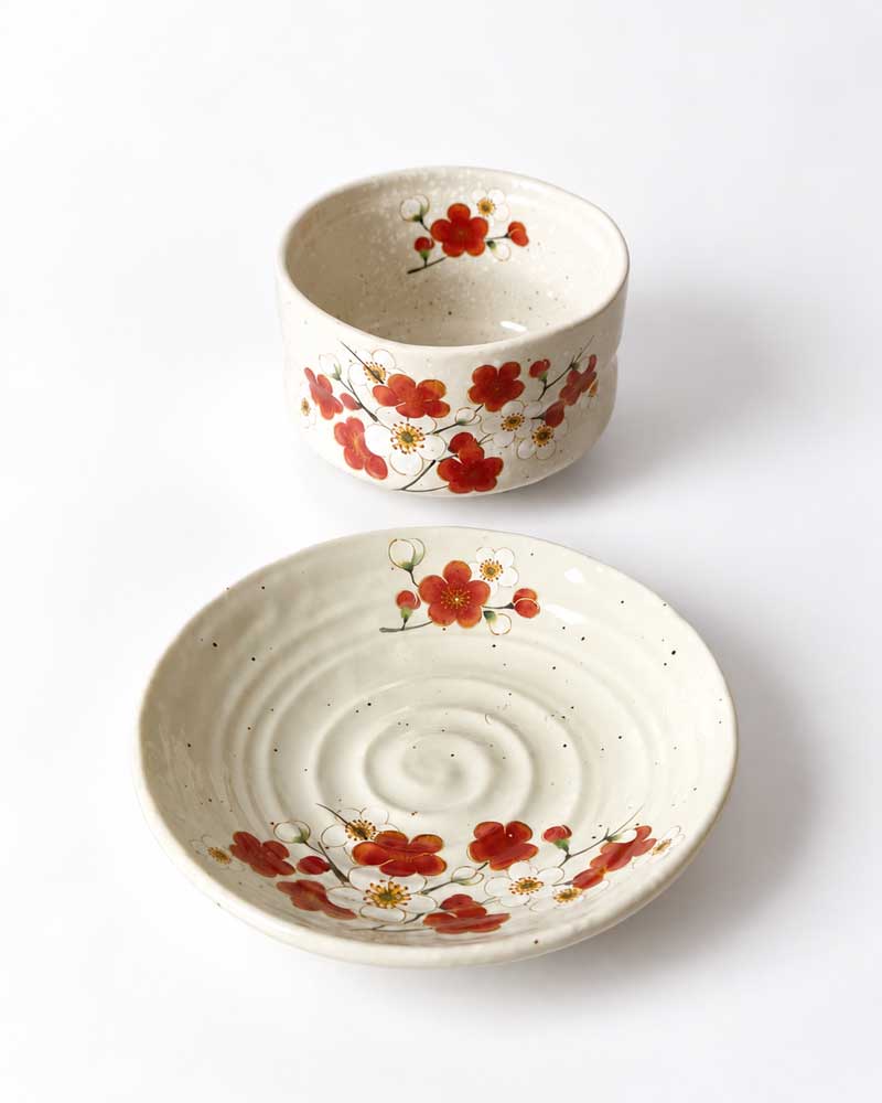 Japanese Mino Ware matcha bowl and plate set with red and white ume plum blossom design, made in Japan, Buy it on j-okini.com in Malta