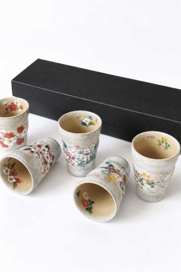 Japanese Seasonal Flowers Tea Cup Set – 5 Ceramic Cups | Made in Japan