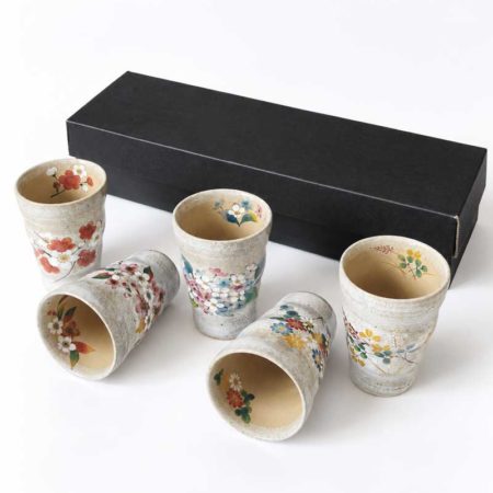 Japanese Seasonal Flowers Tea Cup Set – 5 Ceramic Cups | Made in Japan