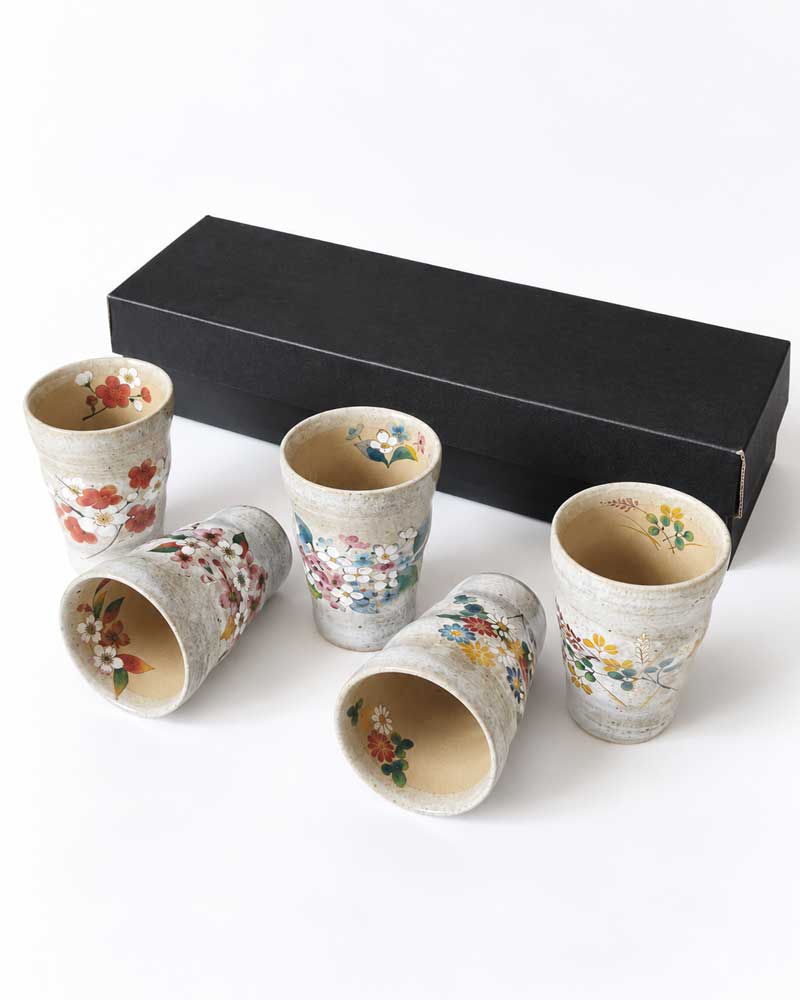 Japanese seasonal flower ceramic tea cup set with five floral cups, made in Japan