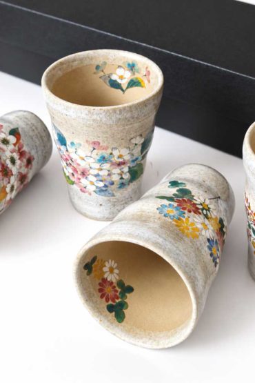 Japanese seasonal flower ceramic tea cup set with five floral cups, made in Japan